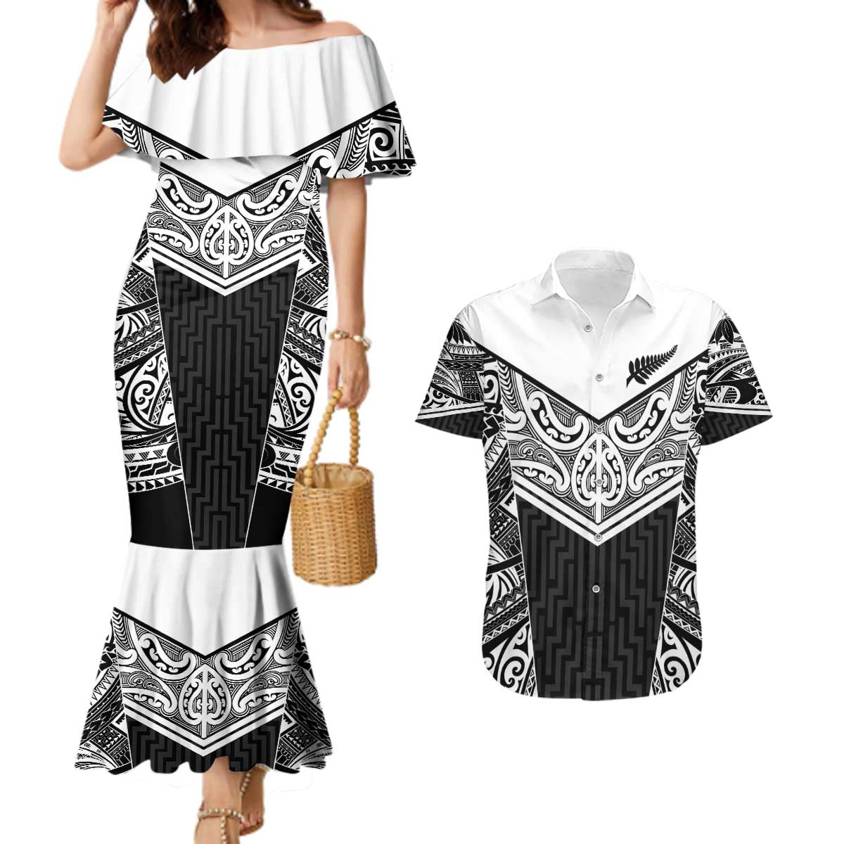 New Zealand Black Fern Custom Couples Matching Mermaid Dress and Hawaiian Shirt Maori Tukutuku Black-white Motif