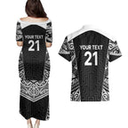 New Zealand Black Fern Custom Couples Matching Puletasi and Hawaiian Shirt Maori Tukutuku Black-white Motif