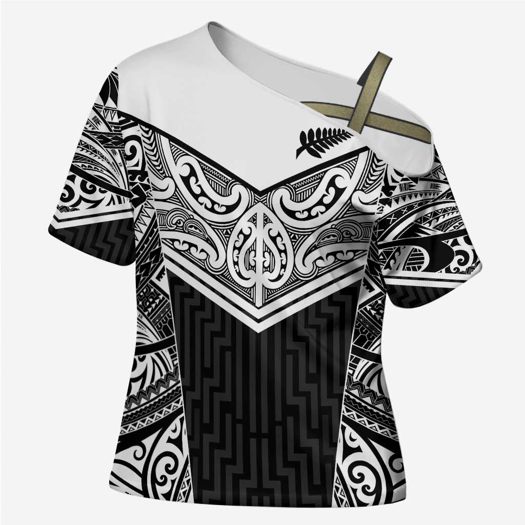 New Zealand Black Fern Custom Cross Shoulder Shirt Maori Tukutuku Black-white Motif - Aussie Hoodie
