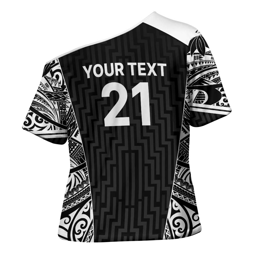 New Zealand Black Fern Custom Cross Shoulder Shirt Maori Tukutuku Black-white Motif - Aussie Hoodie
