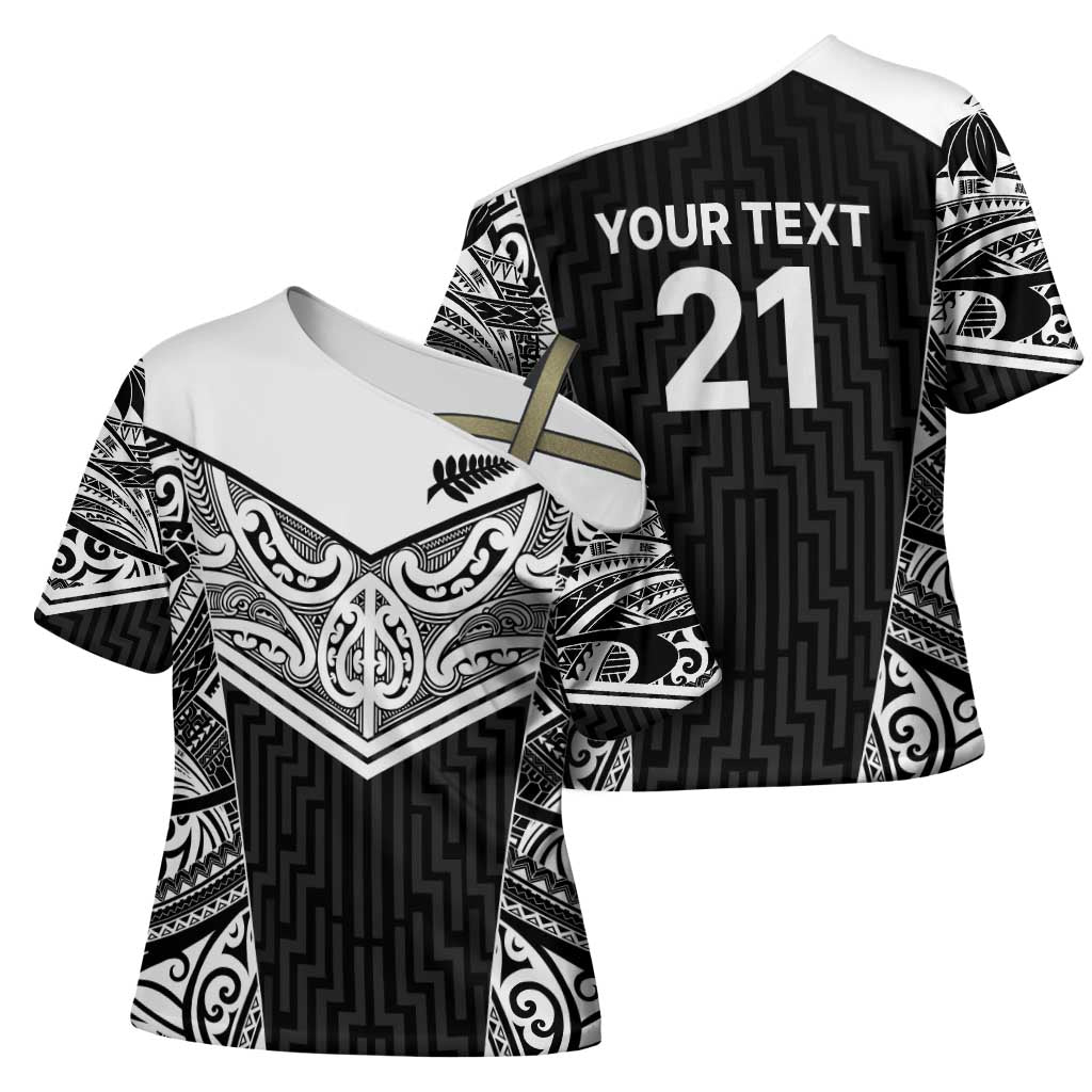 New Zealand Black Fern Custom Cross Shoulder Shirt Maori Tukutuku Black-white Motif - Aussie Hoodie
