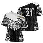 New Zealand Black Fern Custom Cross Shoulder Shirt Maori Tukutuku Black-white Motif - Aussie Hoodie