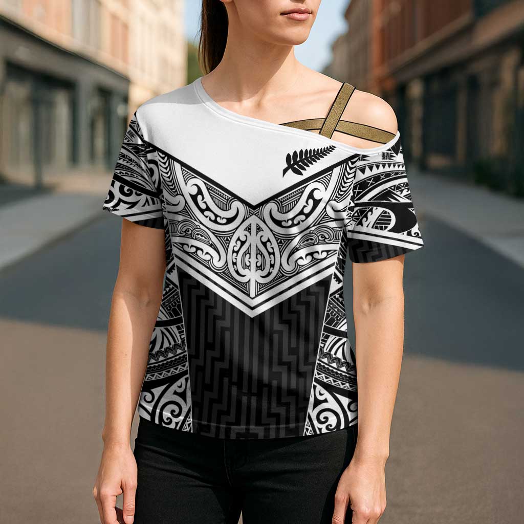 New Zealand Black Fern Custom Cross Shoulder Shirt Maori Tukutuku Black-white Motif - Aussie Hoodie