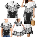 New Zealand Black Fern Custom Family Matching Mermaid Dress and Hawaiian Shirt Maori Tukutuku Black-white Motif