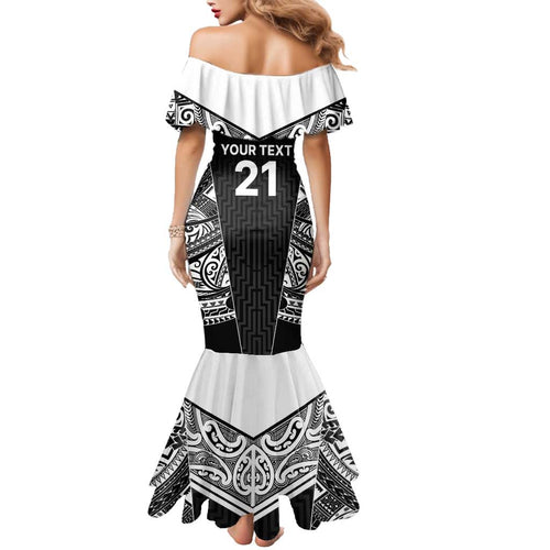 New Zealand Black Fern Custom Family Matching Mermaid Dress and Hawaiian Shirt Maori Tukutuku Black-white Motif