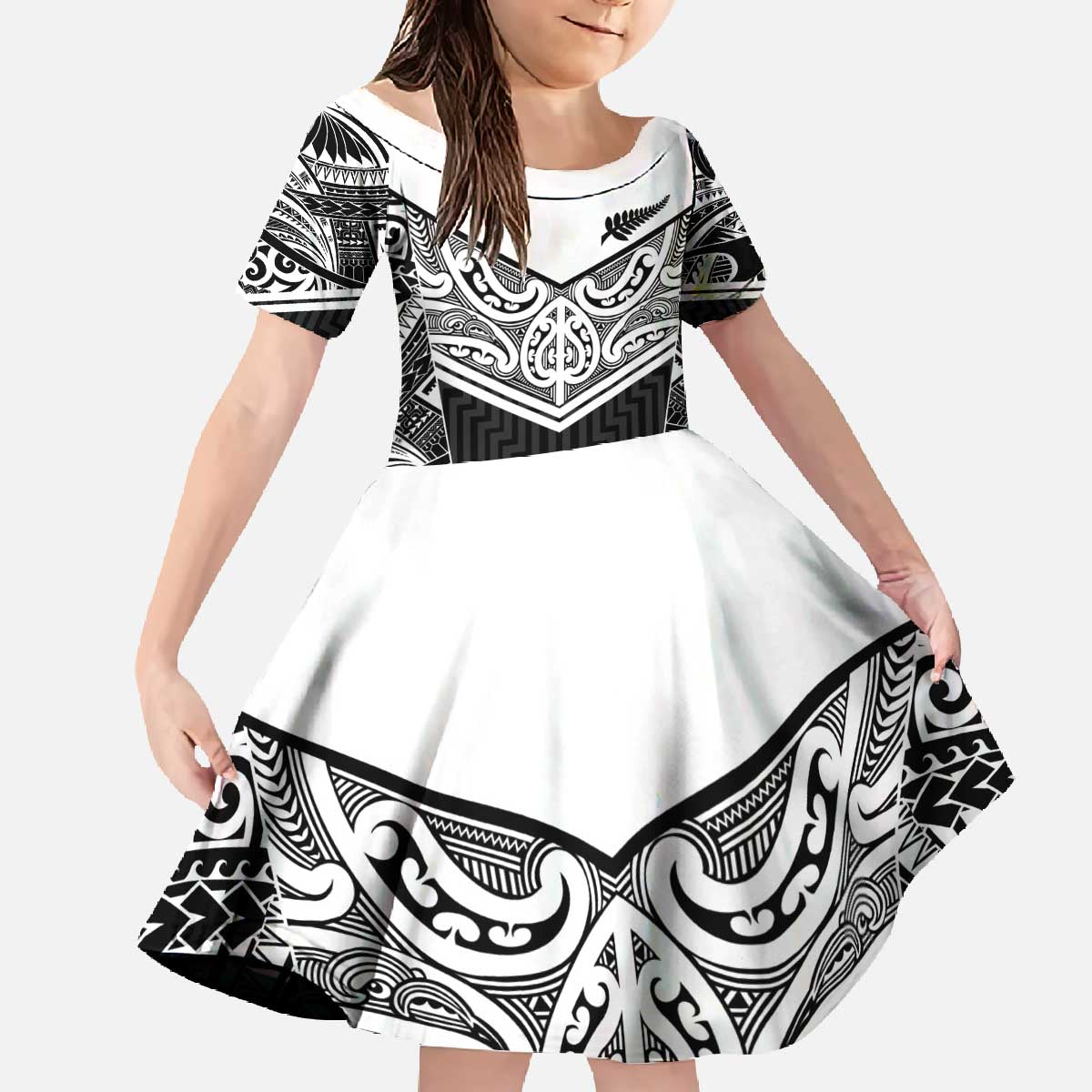 New Zealand Black Fern Custom Family Matching Off The Shoulder Long Sleeve Dress and Hawaiian Shirt Maori Tukutuku Black-white Motif