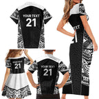 New Zealand Black Fern Custom Family Matching Short Sleeve Bodycon Dress and Hawaiian Shirt Maori Tukutuku Black-white Motif