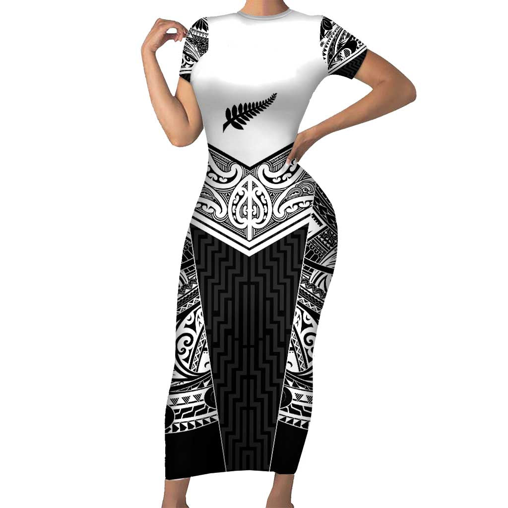 New Zealand Black Fern Custom Family Matching Short Sleeve Bodycon Dress and Hawaiian Shirt Maori Tukutuku Black-white Motif