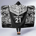 New Zealand Black Fern Custom Hooded Blanket Maori Tukutuku Black-white Motif