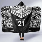 New Zealand Black Fern Custom Hooded Blanket Maori Tukutuku Black-white Motif