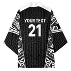 New Zealand Black Fern Custom Kimono Maori Tukutuku Black-white Motif - Aussie Hoodie
