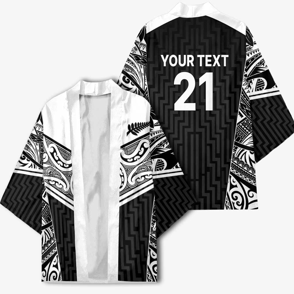 New Zealand Black Fern Custom Kimono Maori Tukutuku Black-white Motif - Aussie Hoodie