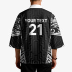 New Zealand Black Fern Custom Kimono Maori Tukutuku Black-white Motif - Aussie Hoodie