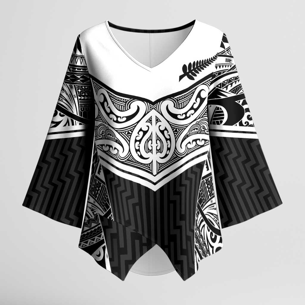 New Zealand Black Fern Custom Kimono Sleeve Blouse Maori Tukutuku Black-white Motif - Aussie Hoodie