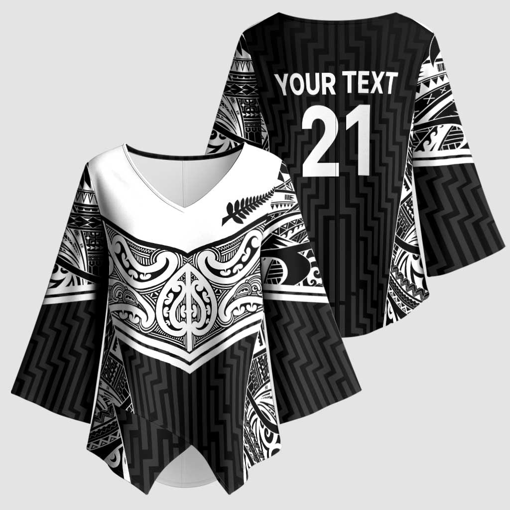 New Zealand Black Fern Custom Kimono Sleeve Blouse Maori Tukutuku Black-white Motif - Aussie Hoodie