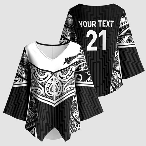 New Zealand Black Fern Custom Kimono Sleeve Blouse Maori Tukutuku Black-white Motif - Aussie Hoodie