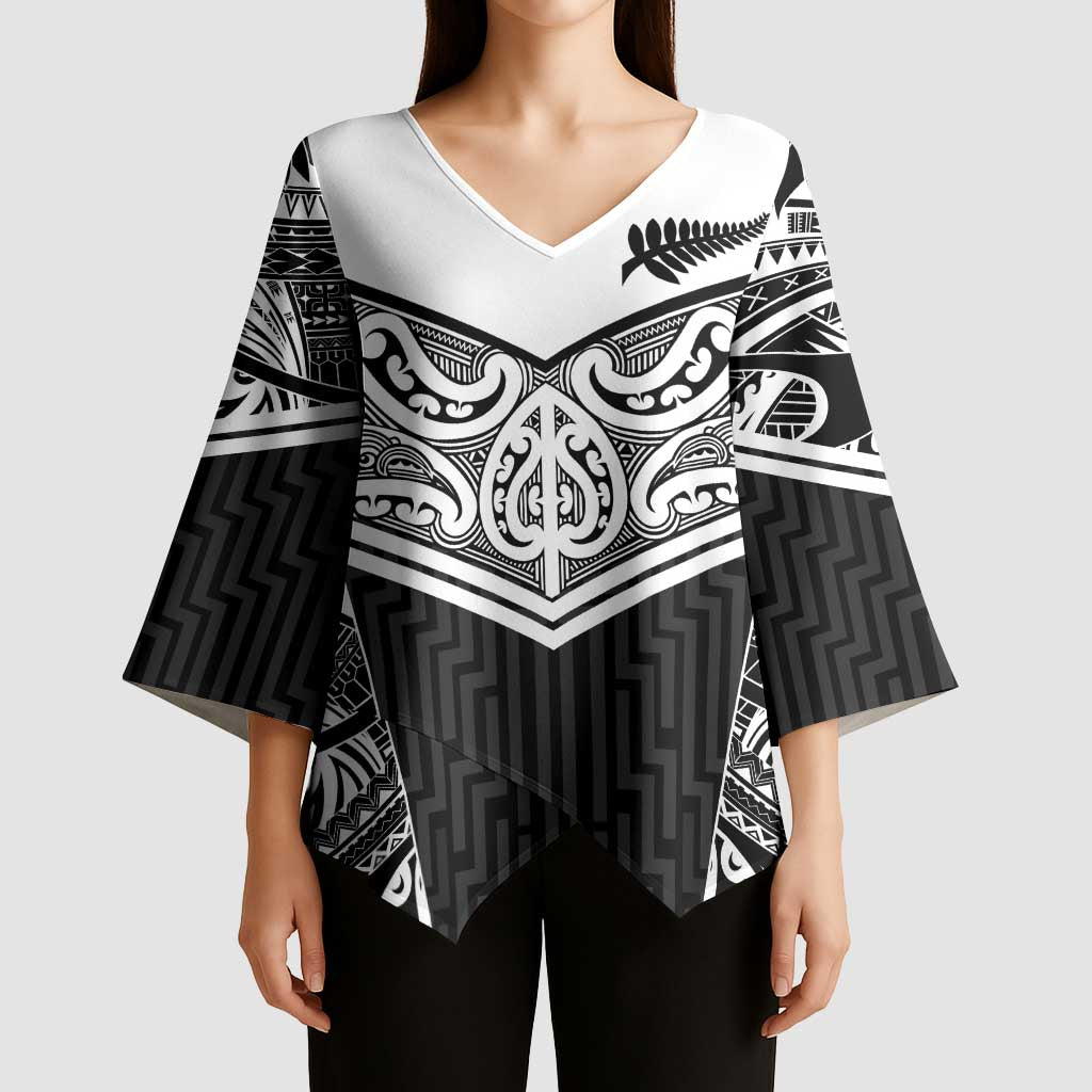 New Zealand Black Fern Custom Kimono Sleeve Blouse Maori Tukutuku Black-white Motif - Aussie Hoodie