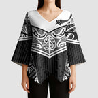 New Zealand Black Fern Custom Kimono Sleeve Blouse Maori Tukutuku Black-white Motif - Aussie Hoodie