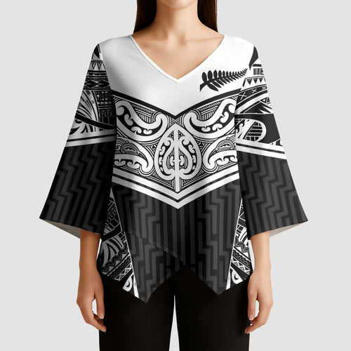 New Zealand Black Fern Custom Kimono Sleeve Blouse Maori Tukutuku Black-white Motif - Aussie Hoodie