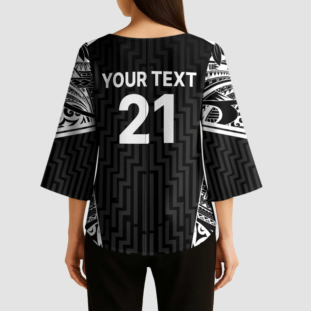 New Zealand Black Fern Custom Kimono Sleeve Blouse Maori Tukutuku Black-white Motif - Aussie Hoodie
