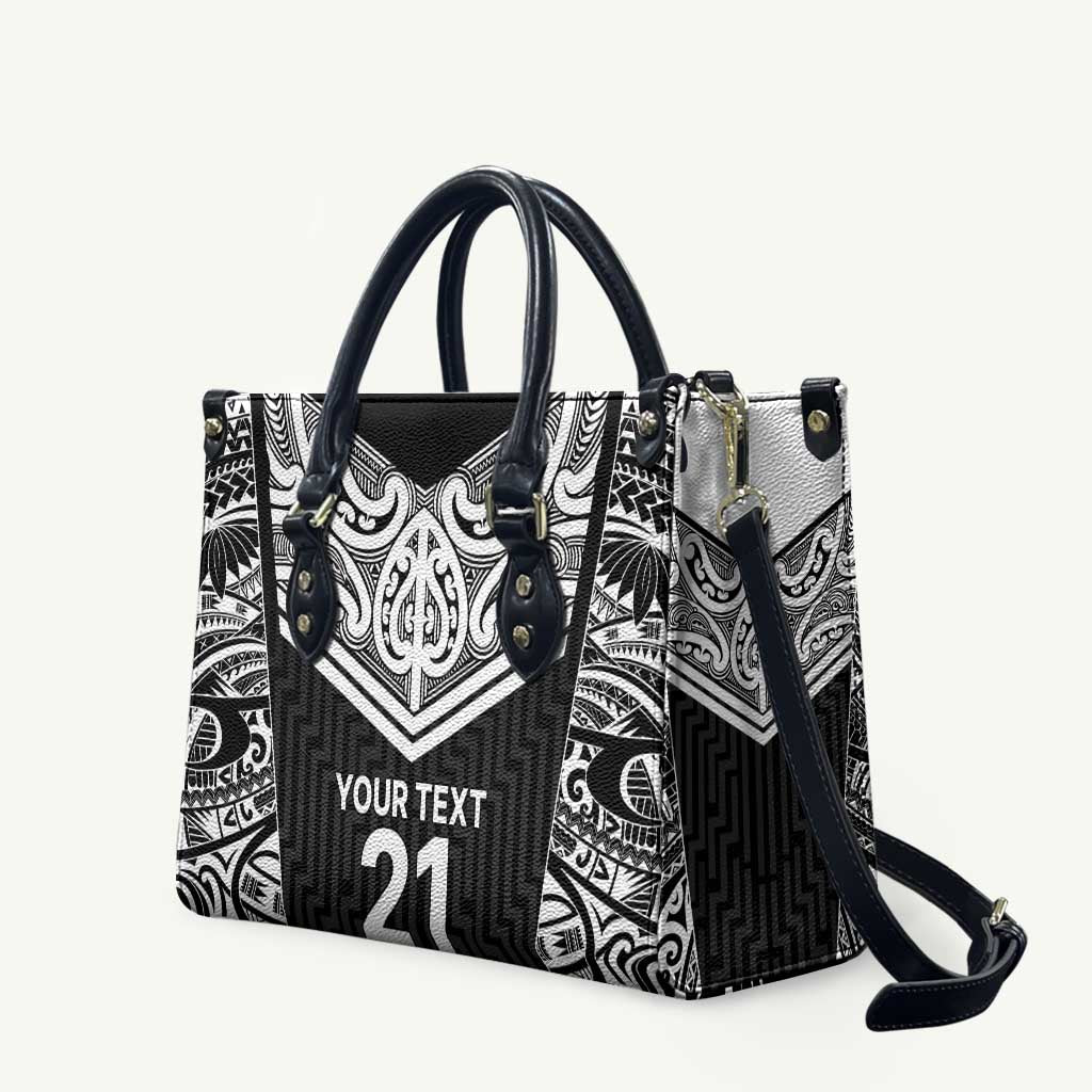 New Zealand Black Fern Custom Leather Bag Maori Tukutuku Black-white Motif - Aussie Hoodie