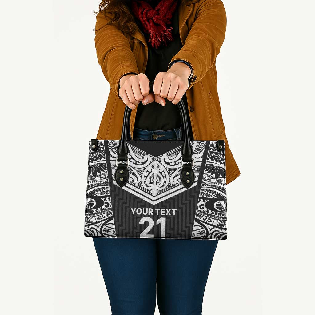 New Zealand Black Fern Custom Leather Bag Maori Tukutuku Black-white Motif - Aussie Hoodie