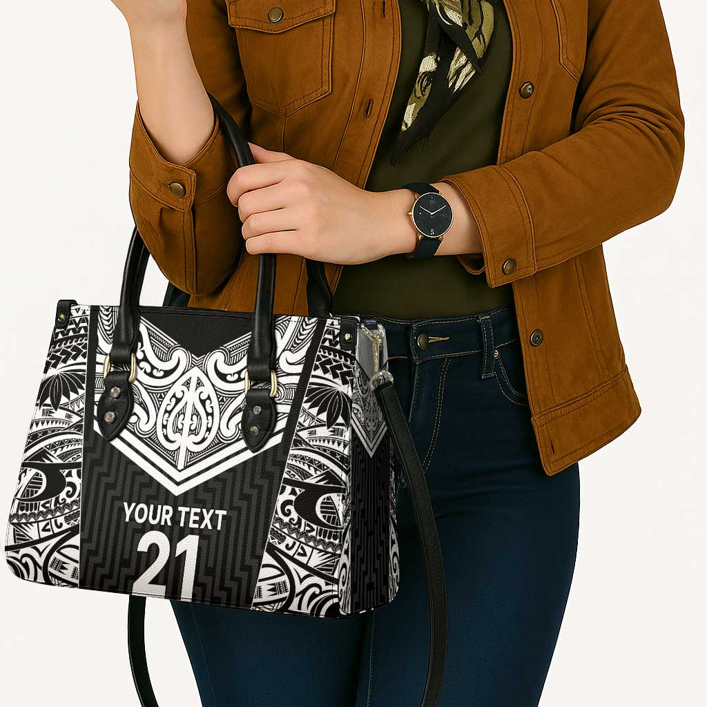 New Zealand Black Fern Custom Leather Bag Maori Tukutuku Black-white Motif - Aussie Hoodie