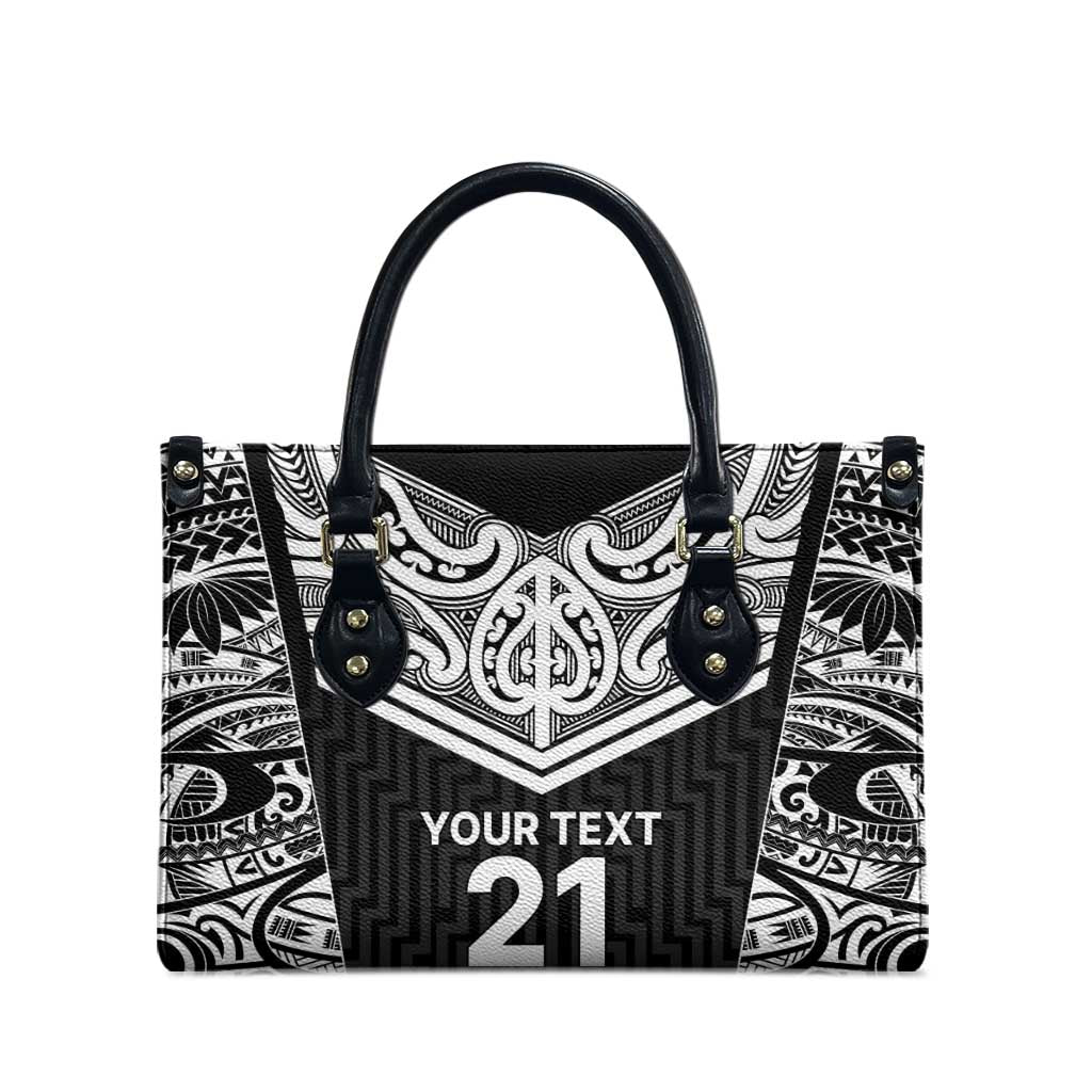 New Zealand Black Fern Custom Leather Bag Maori Tukutuku Black-white Motif - Aussie Hoodie