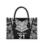 New Zealand Black Fern Custom Leather Bag Maori Tukutuku Black-white Motif - Aussie Hoodie