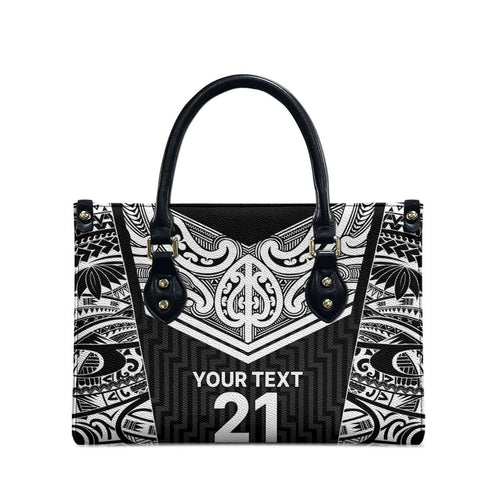New Zealand Black Fern Custom Leather Bag Maori Tukutuku Black-white Motif - Aussie Hoodie
