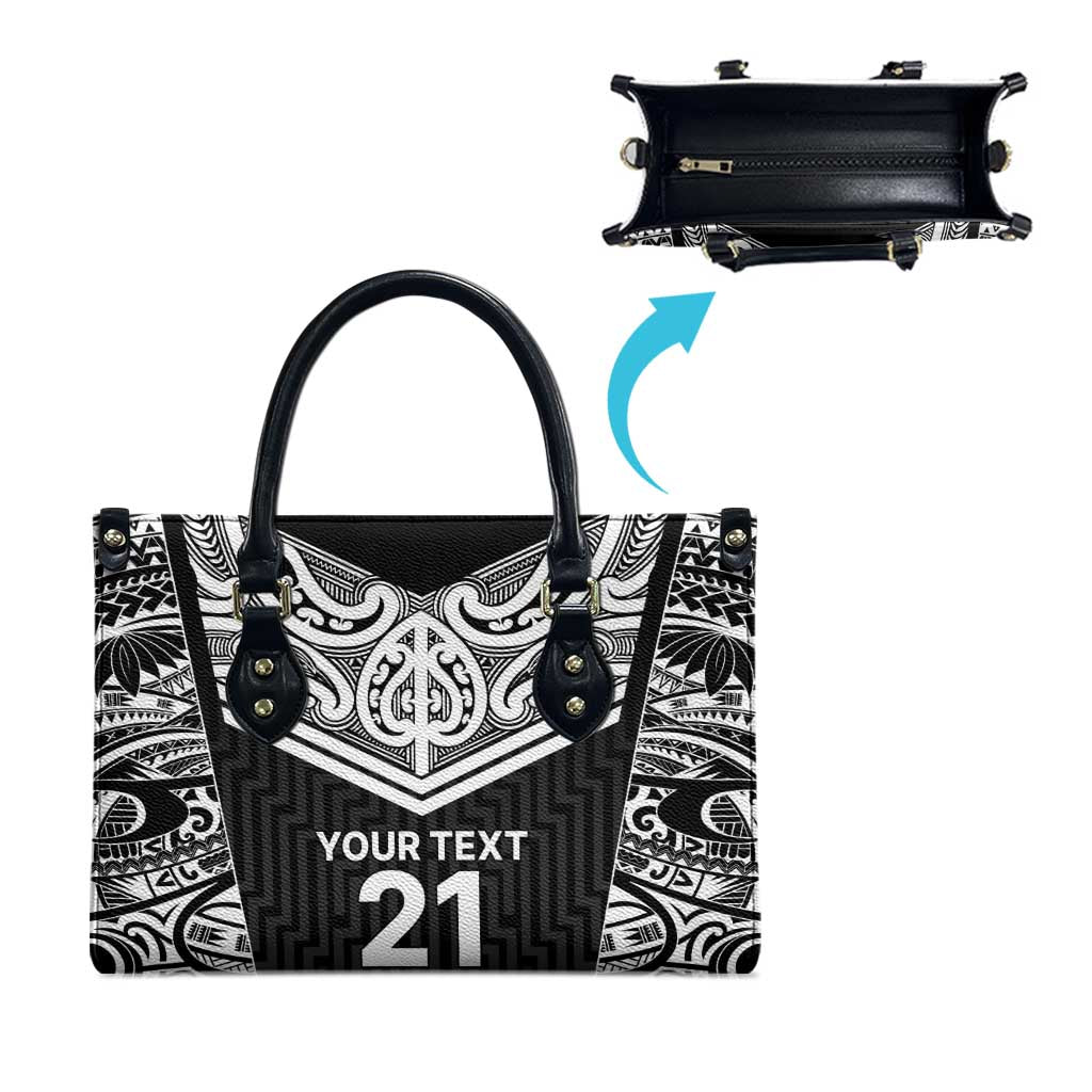 New Zealand Black Fern Custom Leather Bag Maori Tukutuku Black-white Motif - Aussie Hoodie