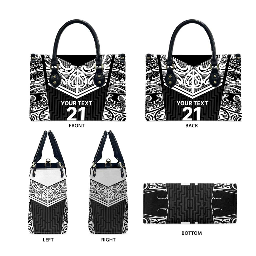 New Zealand Black Fern Custom Leather Bag Maori Tukutuku Black-white Motif - Aussie Hoodie