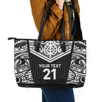 New Zealand Black Fern Custom Leather Tote Bag Maori Tukutuku Black-white Motif
