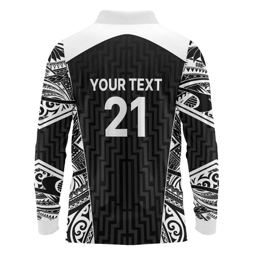 New Zealand Black Fern Custom Long Sleeve Polo Shirt Maori Tukutuku Black-white Motif