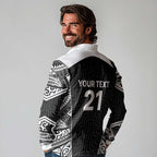 New Zealand Black Fern Custom Long Sleeve Polo Shirt Maori Tukutuku Black-white Motif