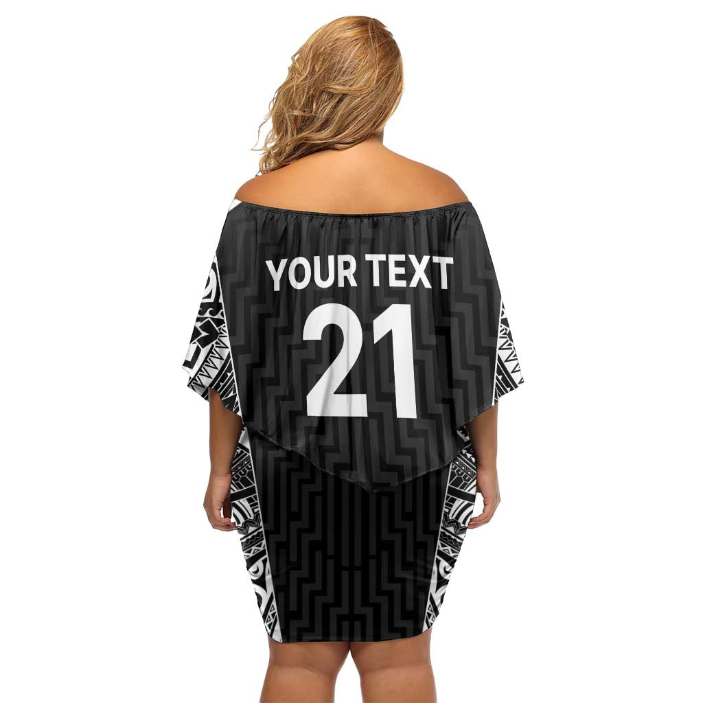 New Zealand Black Fern Custom Off Shoulder Short Dress Maori Tukutuku Black-white Motif