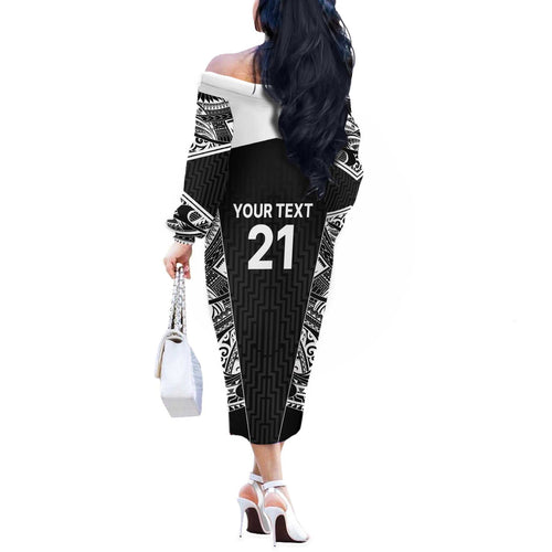 New Zealand Black Fern Custom Off The Shoulder Long Sleeve Dress Maori Tukutuku Black-white Motif