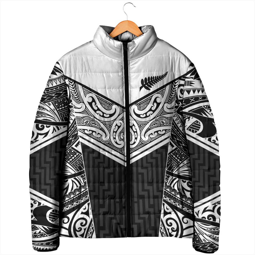 New Zealand Black Fern Custom Padded Jacket Maori Tukutuku Black-white Motif - Aussie Hoodie