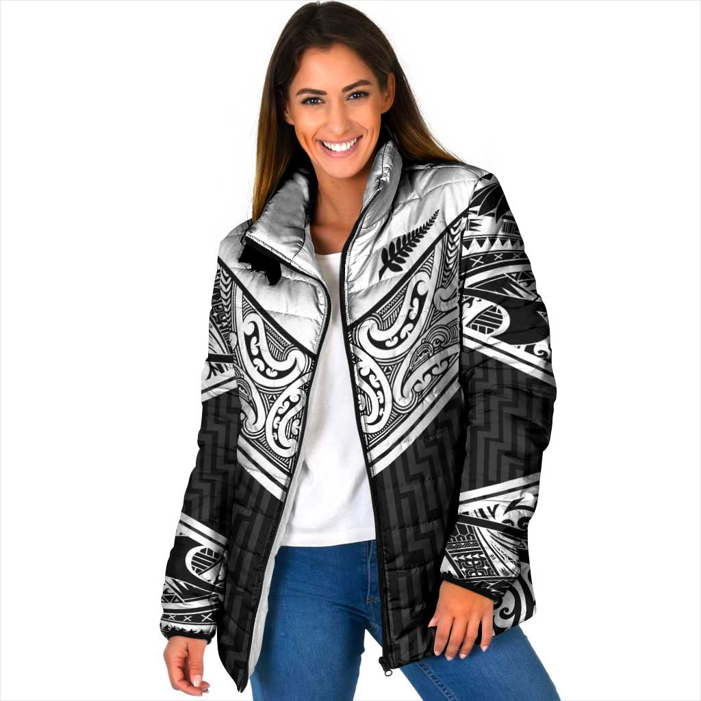 New Zealand Black Fern Custom Padded Jacket Maori Tukutuku Black-white Motif - Aussie Hoodie