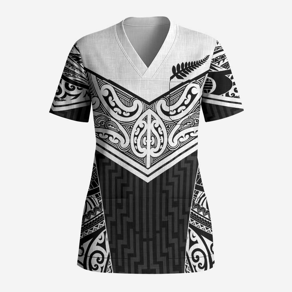 New Zealand Black Fern Custom Scrub Top Maori Tukutuku Black-white Motif - Aussie Hoodie