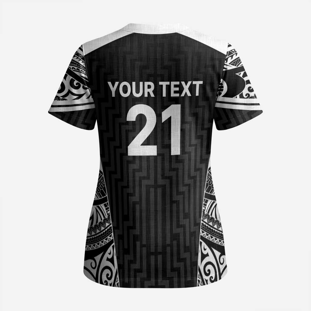 New Zealand Black Fern Custom Scrub Top Maori Tukutuku Black-white Motif - Aussie Hoodie