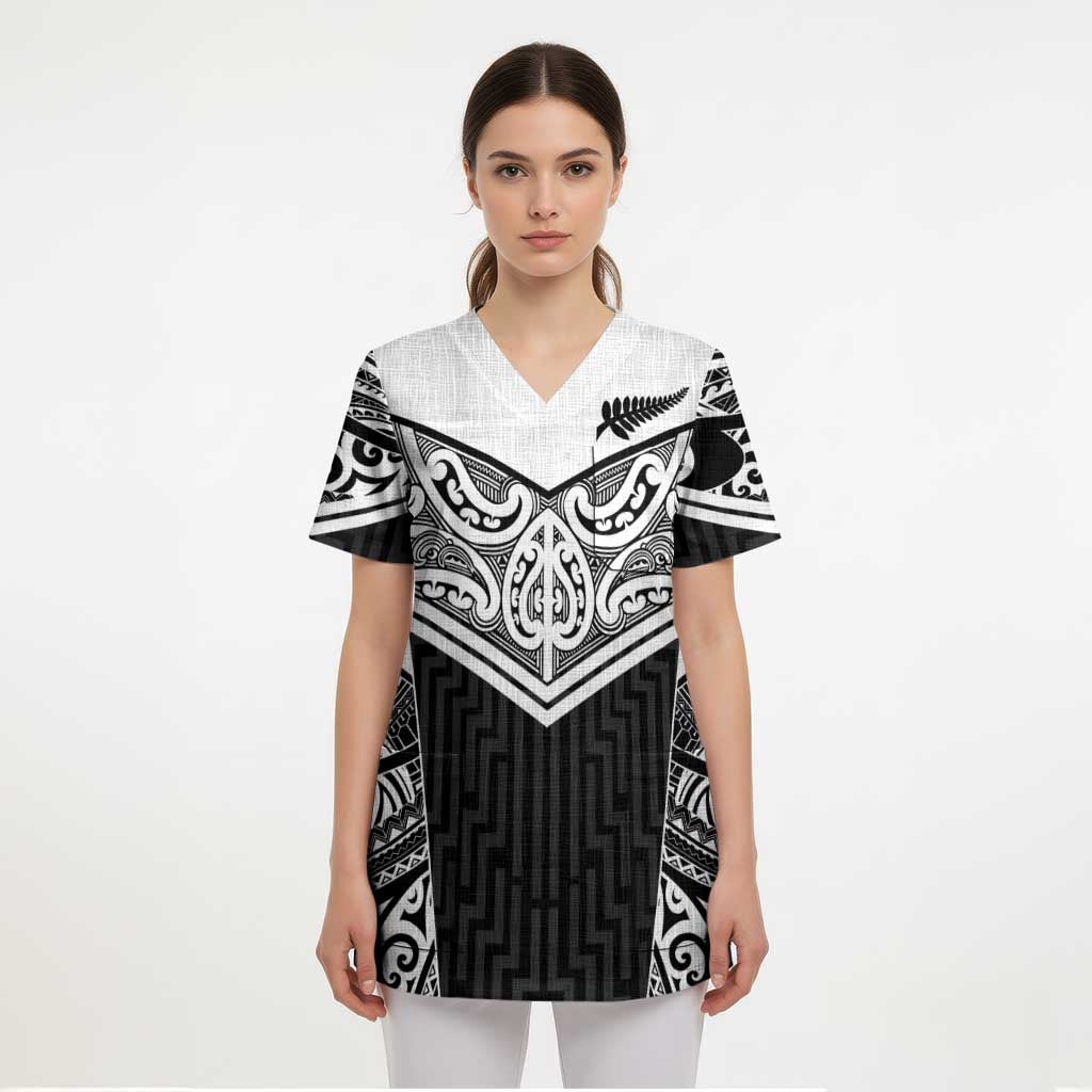 New Zealand Black Fern Custom Scrub Top Maori Tukutuku Black-white Motif - Aussie Hoodie