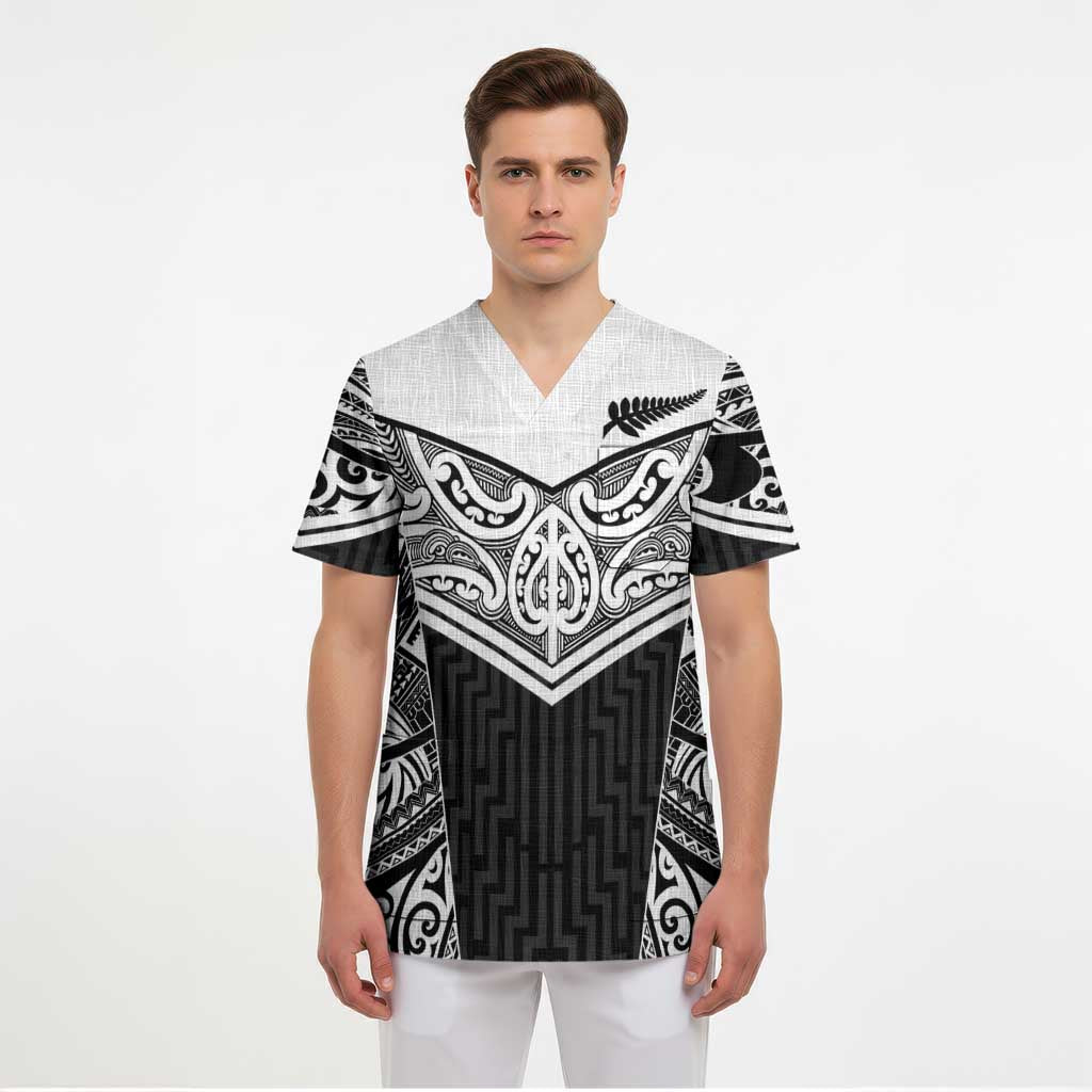 New Zealand Black Fern Custom Scrub Top Maori Tukutuku Black-white Motif - Aussie Hoodie