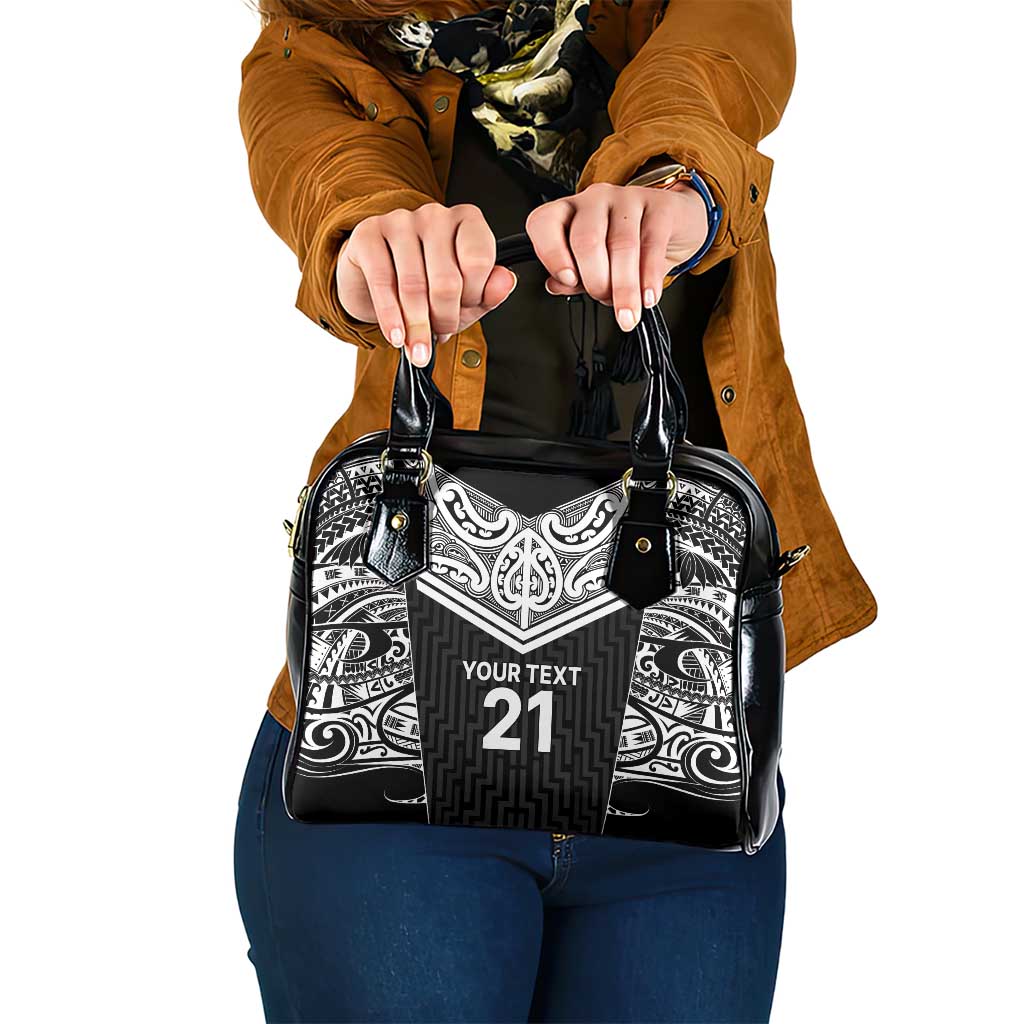 New Zealand Black Fern Custom Shoulder Handbag Maori Tukutuku Black-white Motif