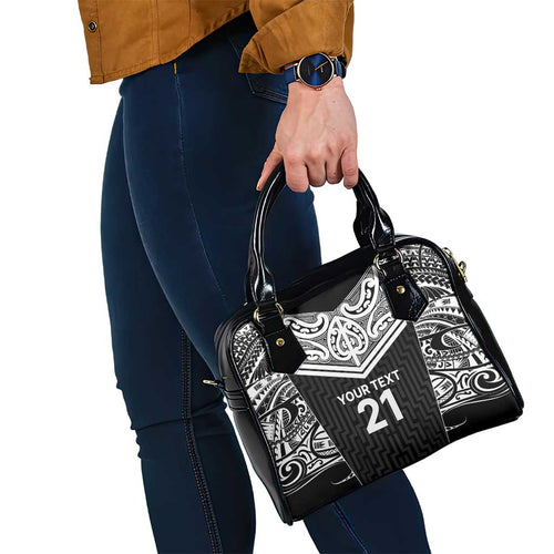New Zealand Black Fern Custom Shoulder Handbag Maori Tukutuku Black-white Motif