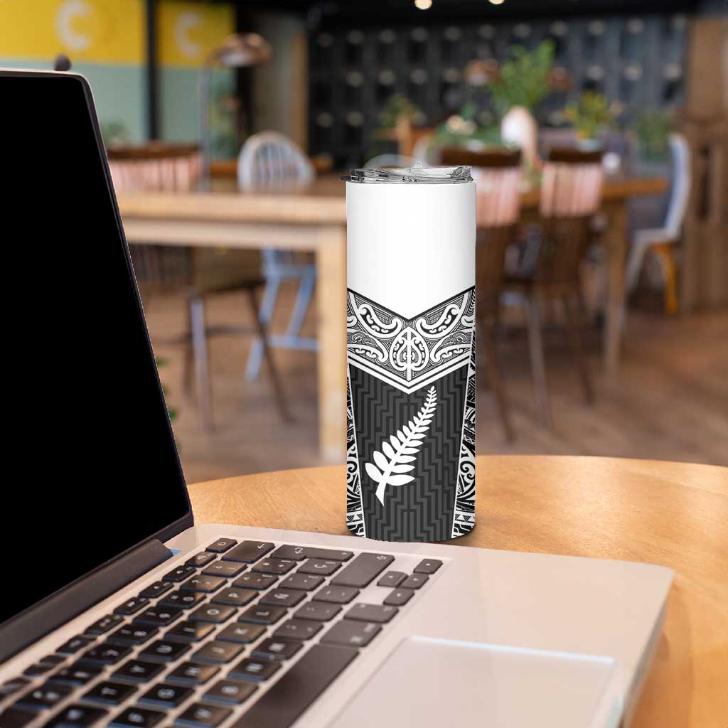 New Zealand Black Fern Custom Skinny Tumbler Maori Tukutuku Black-white Motif