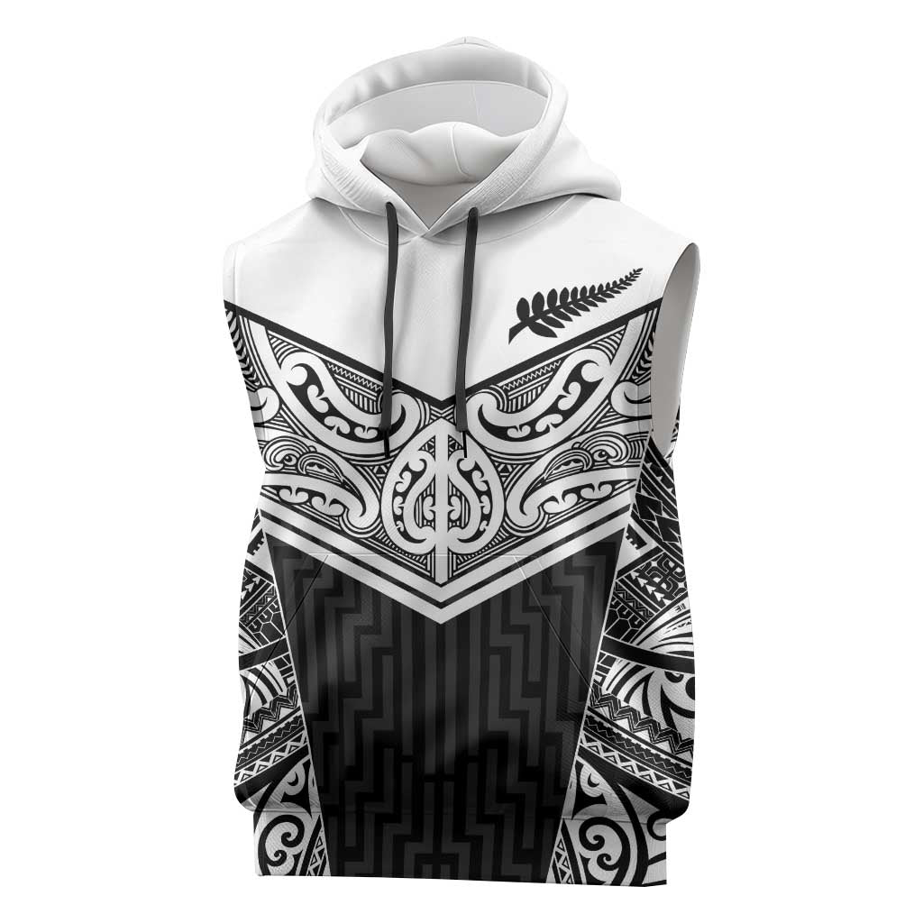 New Zealand Black Fern Custom Sleeveless Hoodie Maori Tukutuku Black-white Motif - Aussie Hoodie