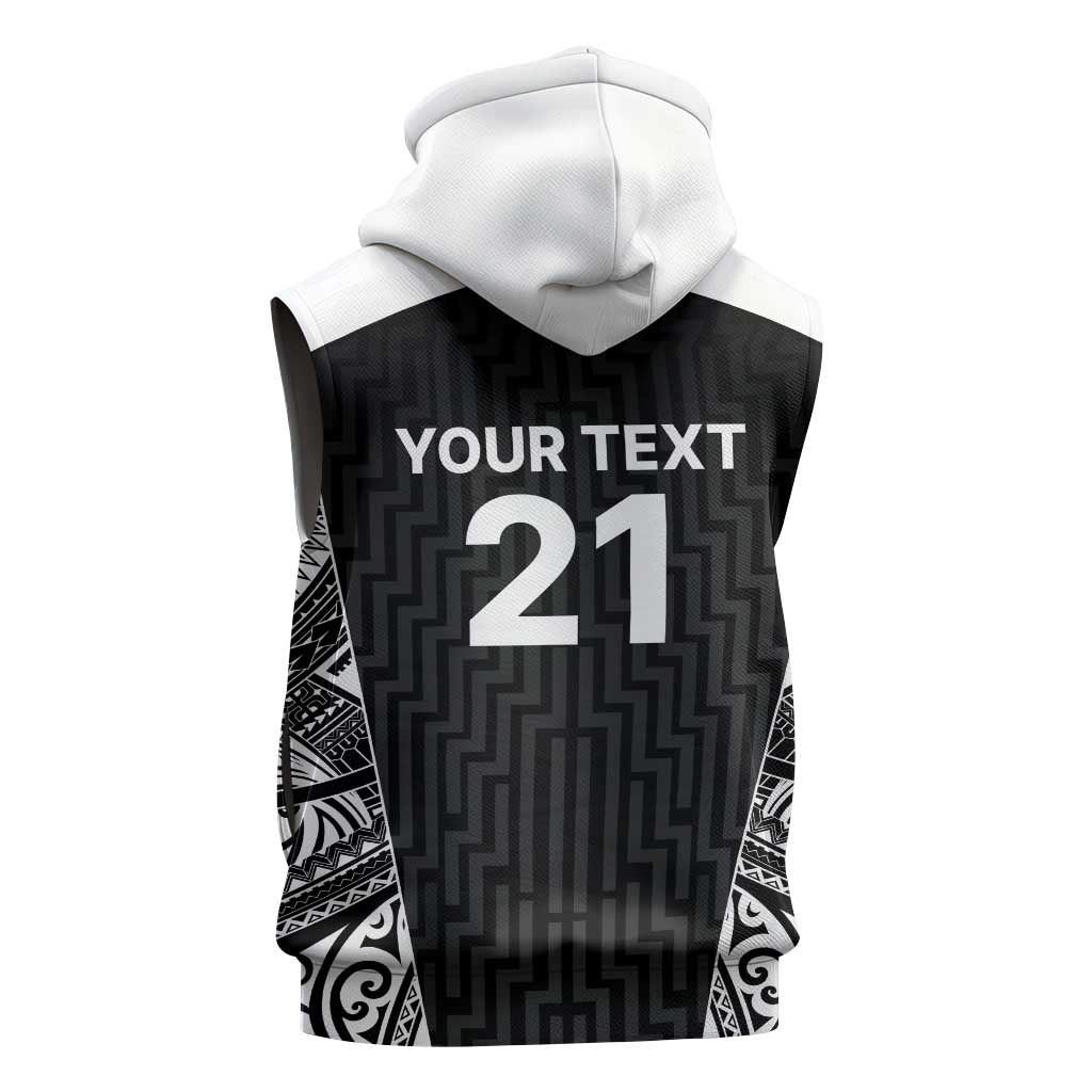 New Zealand Black Fern Custom Sleeveless Hoodie Maori Tukutuku Black-white Motif - Aussie Hoodie