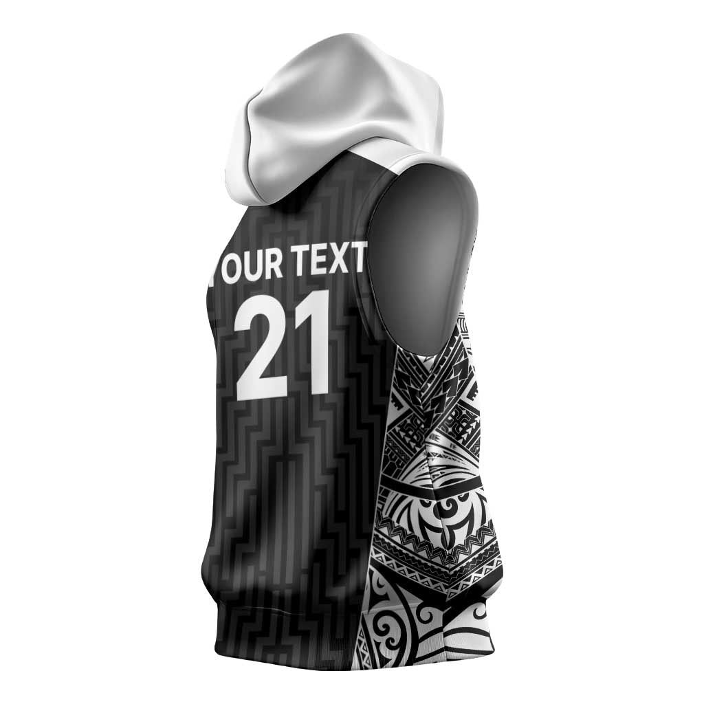 New Zealand Black Fern Custom Sleeveless Hoodie Maori Tukutuku Black-white Motif - Aussie Hoodie