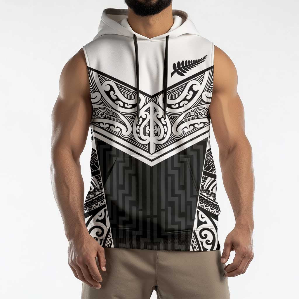 New Zealand Black Fern Custom Sleeveless Hoodie Maori Tukutuku Black-white Motif - Aussie Hoodie